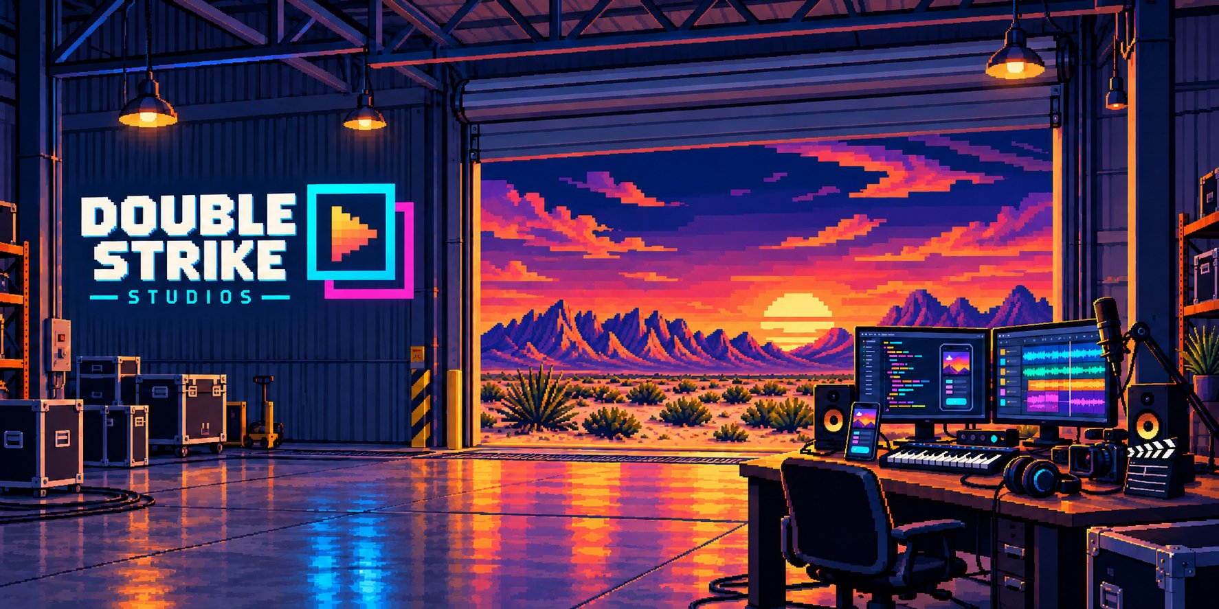 Illustration of the Double Strike warehouse studio overlooking a New Mexico sunset.