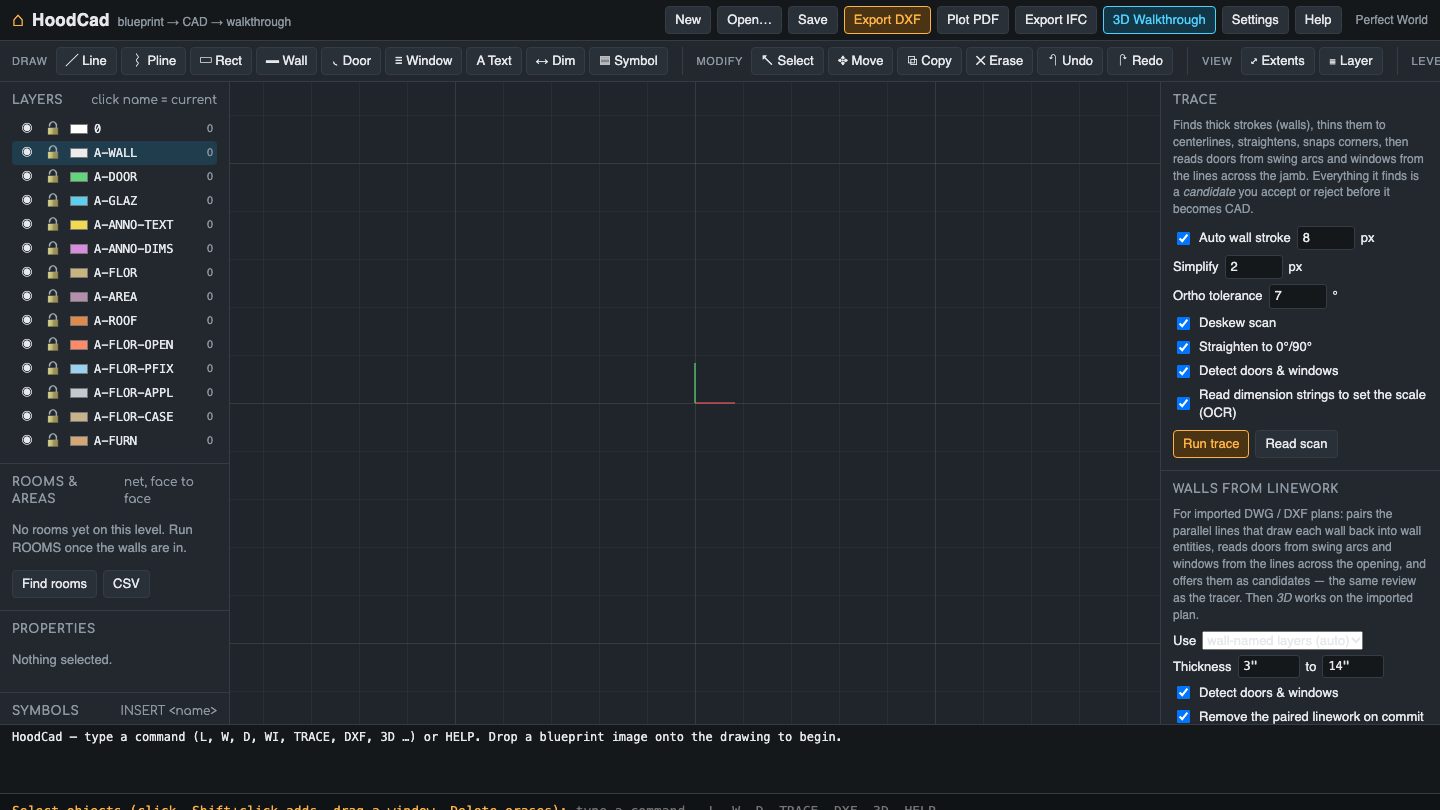 HoodCad: a browser CAD workspace with a layer list, drawing tools, a command line and a trace panel