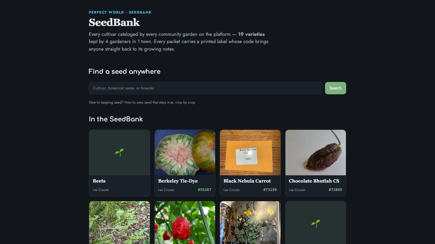 The web SeedBank: a search box and a grid of seed cards with photos and codes