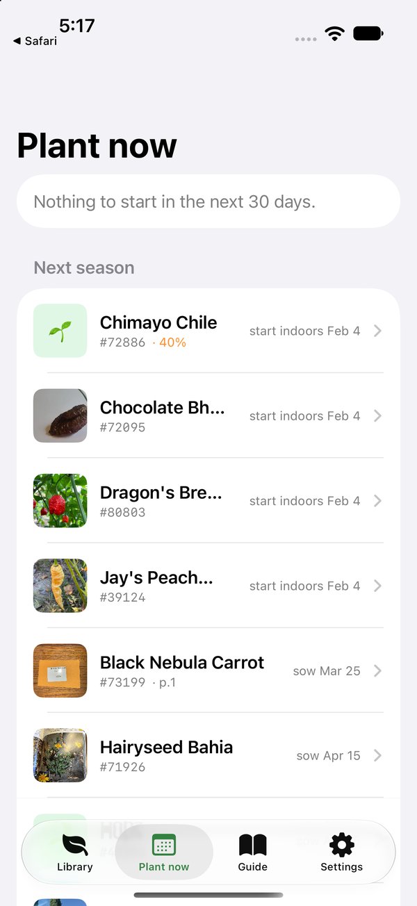 SeedBank app, Plant now tab: a season plan listing which seeds to start indoors and when